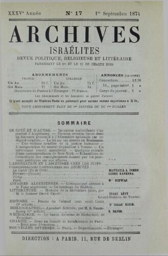 Archives israélites de France. Vol.35 N°17 (01 sept. 1874)